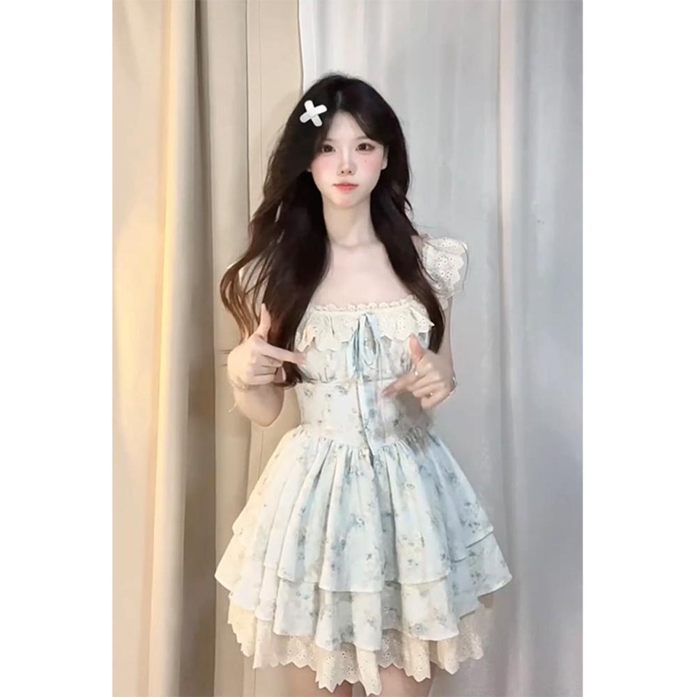 French Sweet Spice Girl Waist Princess Dress Small Summer Beautiful Princess Feifei Sleeve Cake Fluffy Short Dress