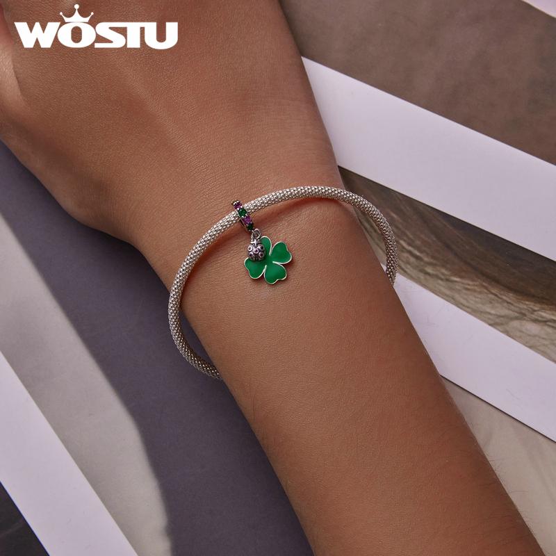 WOSTU 925 Sterling Silver Ladybug Green Four Leaf Charm Bead Pendant Fit Original Bracelet Necklace For Women Jewelry CQC2187