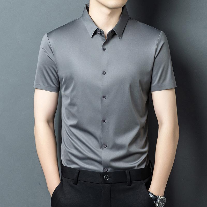 Мужская рубашка с коротким рукавом и отложным воротником из ледяного шелка - Business Casual, Не мнется, Эластичный крой для мужчин среднего возраста