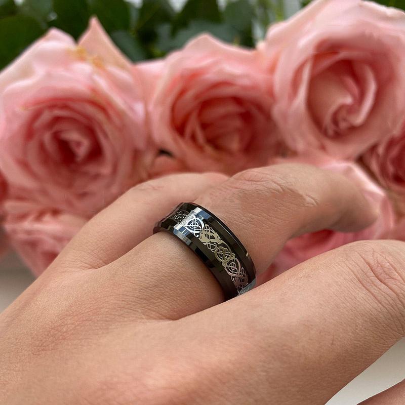 8 Colors 8mm Men's Stainless Steel Dragon Ring Inlay Red Green Black Carbon Fiber Ring Wedding Band Jewelry Size 7-12