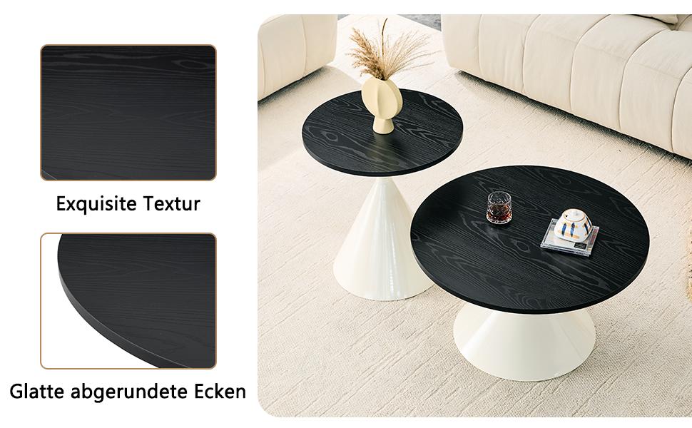 Hourglass series set of 2 coffee tables with striking conical shape, black wood-look melamine top, cream-colored metal base, space-saving stackable