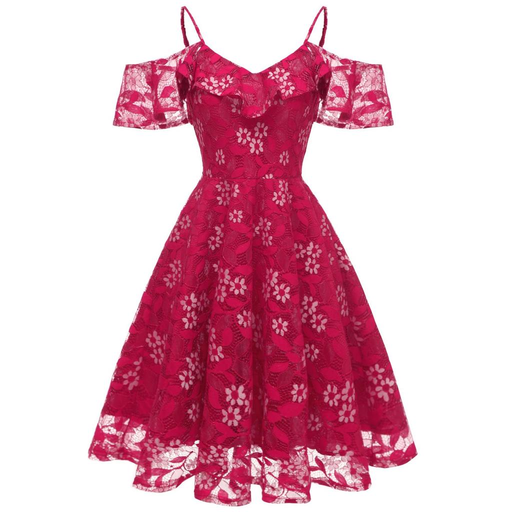 Deer Women's Floral Crochet Lace Ruffle Cold Shoulder Cami Strap Midi Bridesmaid Dress Wedding Evening Formal Party Cocktail Occasions Outfits