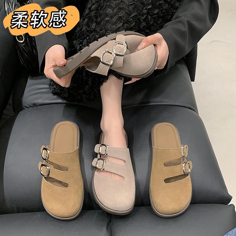 Стильные женские замшевые тапочки-мюли, сандалии с пробковой стелькой и супинатором, пляжная обувь для дома и отдыха