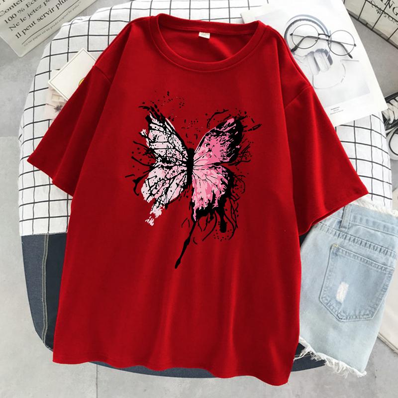 Розовая футболка с бабочкой Harajuku, женская повседневная дышащая футболка в стиле хип-хоп с коротким рукавом, хлопковая крутая футболка большого размера