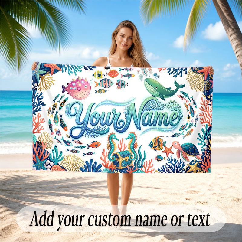 Fish Ocean Theme Beach Towel Personalized Custom Name & Text Soft Quick Dry Beach Towel for Swimming Travel