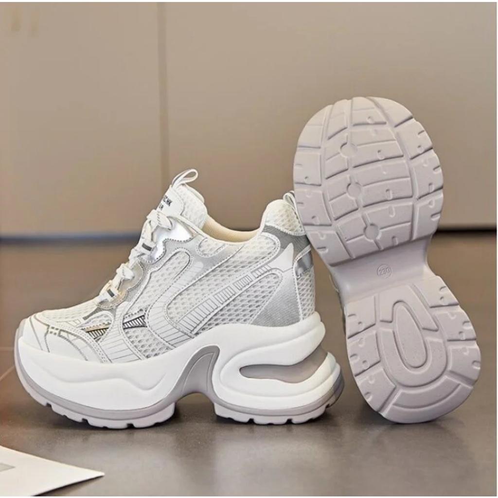 10cm Synthetic Air Mesh Genuine Leather Vulcanize Chunky Sneakers Summer Autumn Leisure Spring Women Platform Wedge Pumps