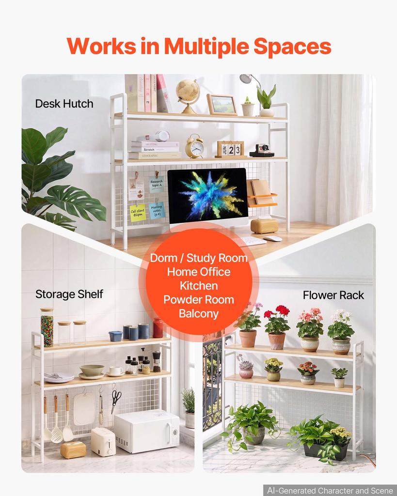 VEVOR Desktop Bookshelf 3-Tier Countertop Storage Hutch with Grid White, for Computer Desk, Metal Frame and Wooden Shelf, with Non-Slip Feet Pads