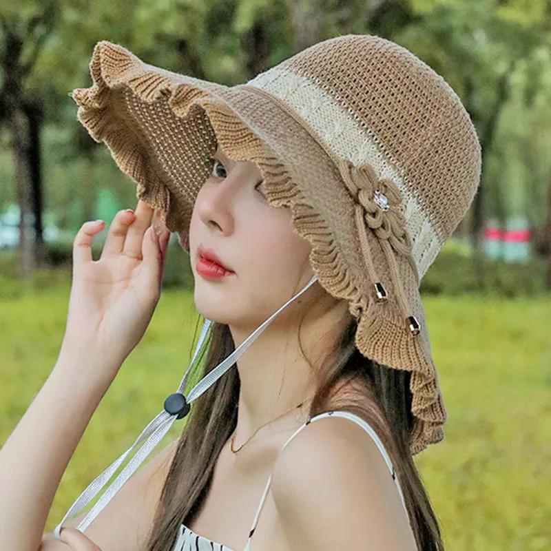 WTEMPO Women Spring Summer Wide Brim Flower Solid Color Sun Hats Outdoor Breathable Foldable Beach Sunscreen Hats