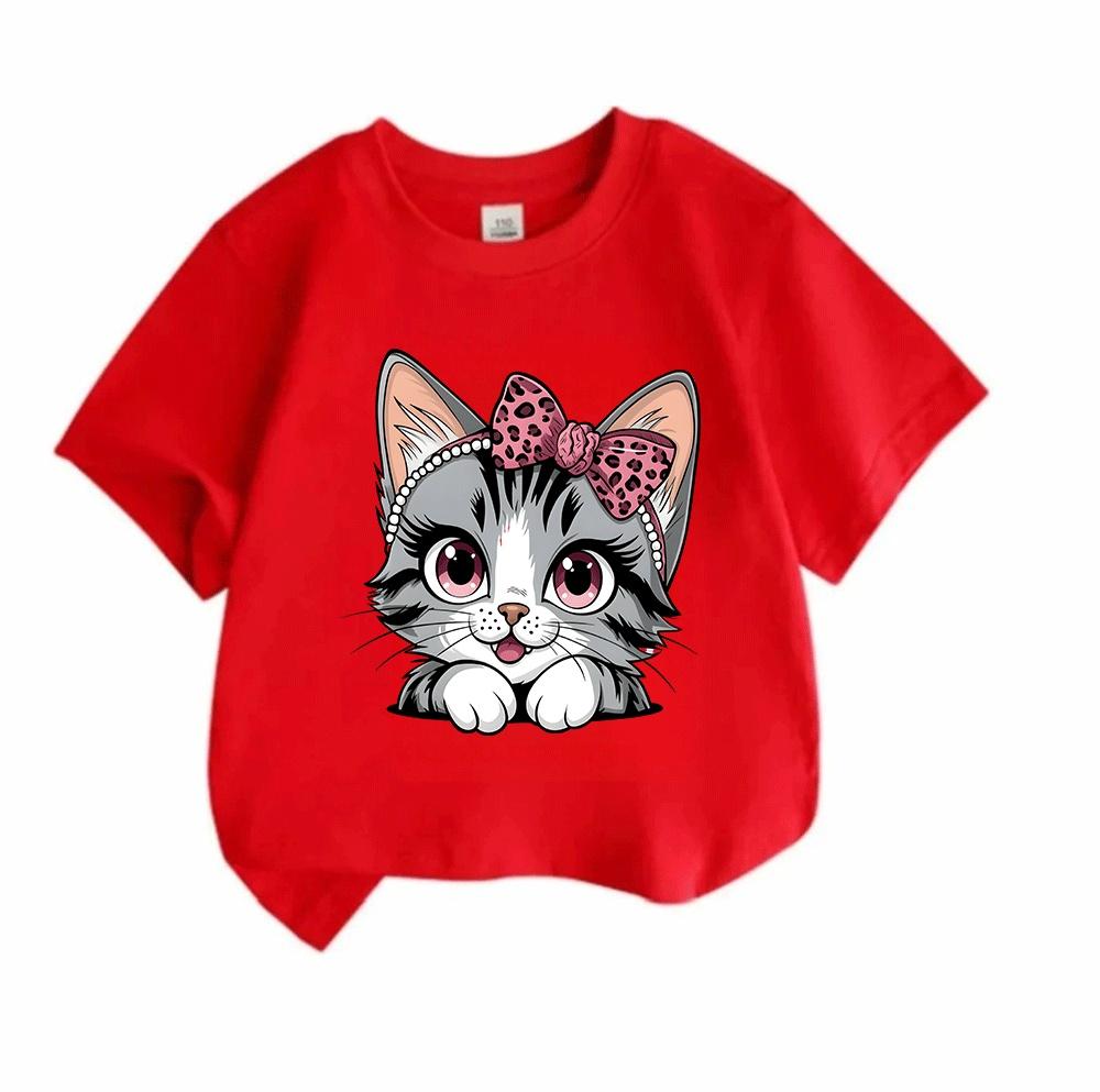 Kids Boys Girls 100% Cotton Short Sleeve Crew Neck T-Shirt, Cute Pink Bow Leopard Print Gray Tabby Cat Graphic Casual Soft Tee for Children Daily Wear
