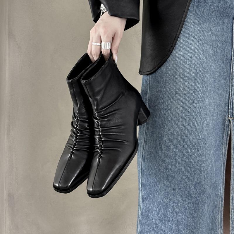 Мода 2025 Зимняя Женская Обувь Натуральная Кожа Женские Сапоги До середины икры Современные Сапоги Женские Однотонные На среднем каблуке Женская Обувь Плиссированная