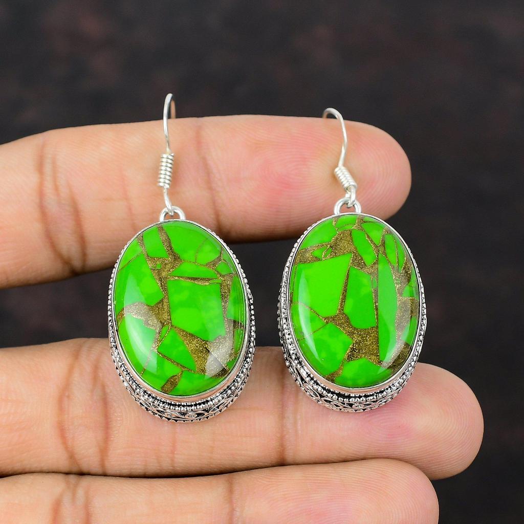 Медно-зеленые бирюзовые серьги, серьги из стерлингового серебра 925 пробы, винтажные ювелирные изделия, серьги с драгоценными камнями, подарок для матери, серьги ручной работы с уникальным дизайном