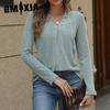 Autumn Winter V-neck Wool Pit Strip Solid Color Button Long Sleeve T-shirt for Women