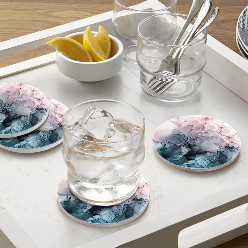 HAOCOO Stylish Ceramic Coasters with Marble Pattern and Cork Backing, Round, Set of 4, for Mugs and Tea Pads, Insulation, Better Than Diatomaceous