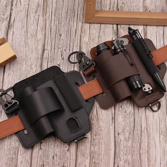 Multitool Belt Sheath Faux Leather EDC Belt Organizer 3 Pockets Belt Pouch with Flashlight Holder Pen Holder Keychain Clip for Men