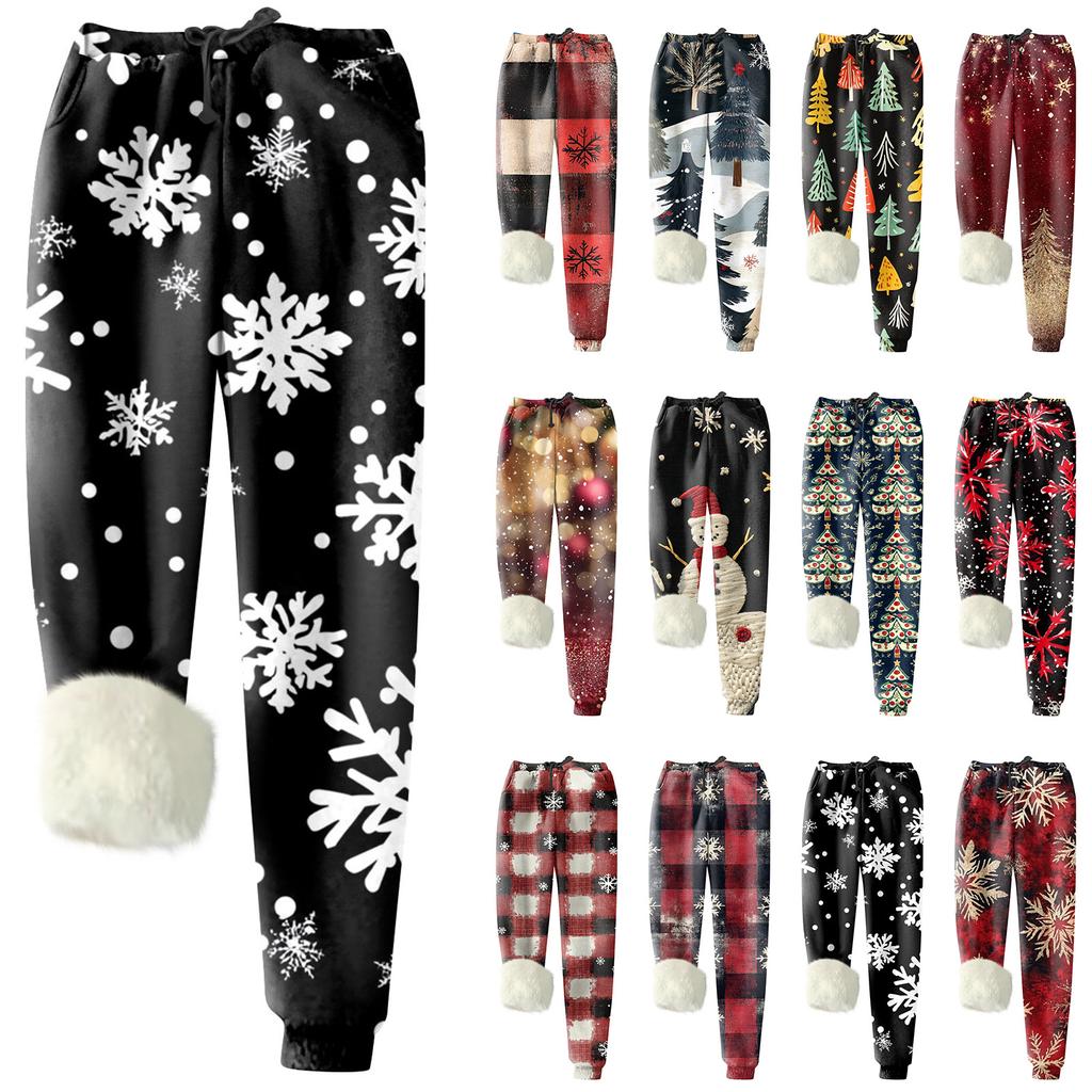 Женские модные рождественские спортивные свободные утолщенные теплые флисовые брюки с принтом