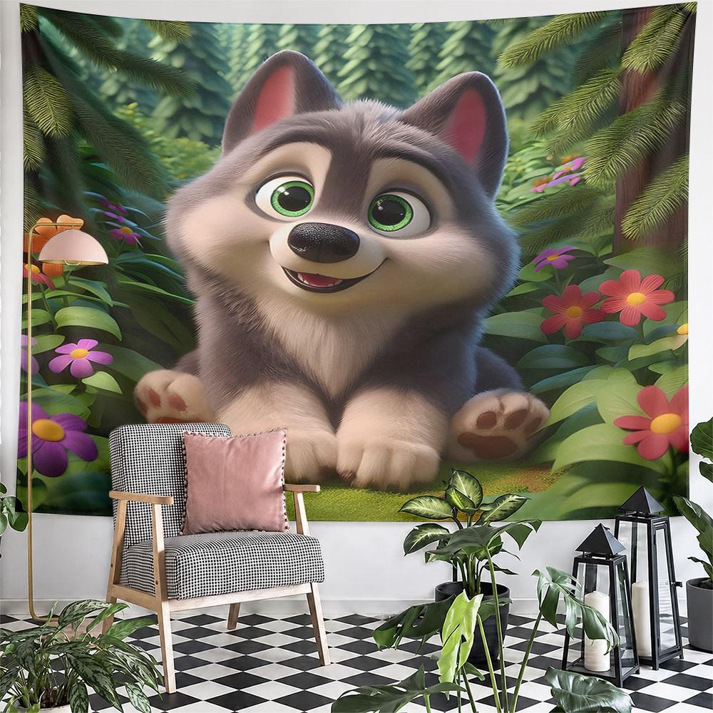 Cute Husky in a Colorful Forest Pattern Wall Hanging Tapestry Decorative Tapestry Home Decor for Bedroom and Living Room