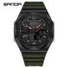 SANDA 6306 Модные мужские электронные часы с двойным дисплеем, многофункциональные, с ночной подсветкой, будильником, водонепроницаемые, крутые, унисекс