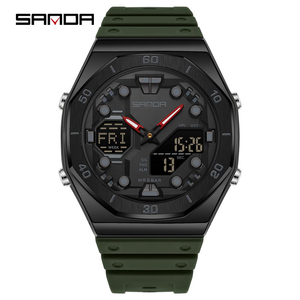 SANDA 6306 Модные мужские электронные часы с двойным дисплеем, многофункциональные, с ночной подсветкой, будильником, водонепроницаемые, крутые, унисекс
