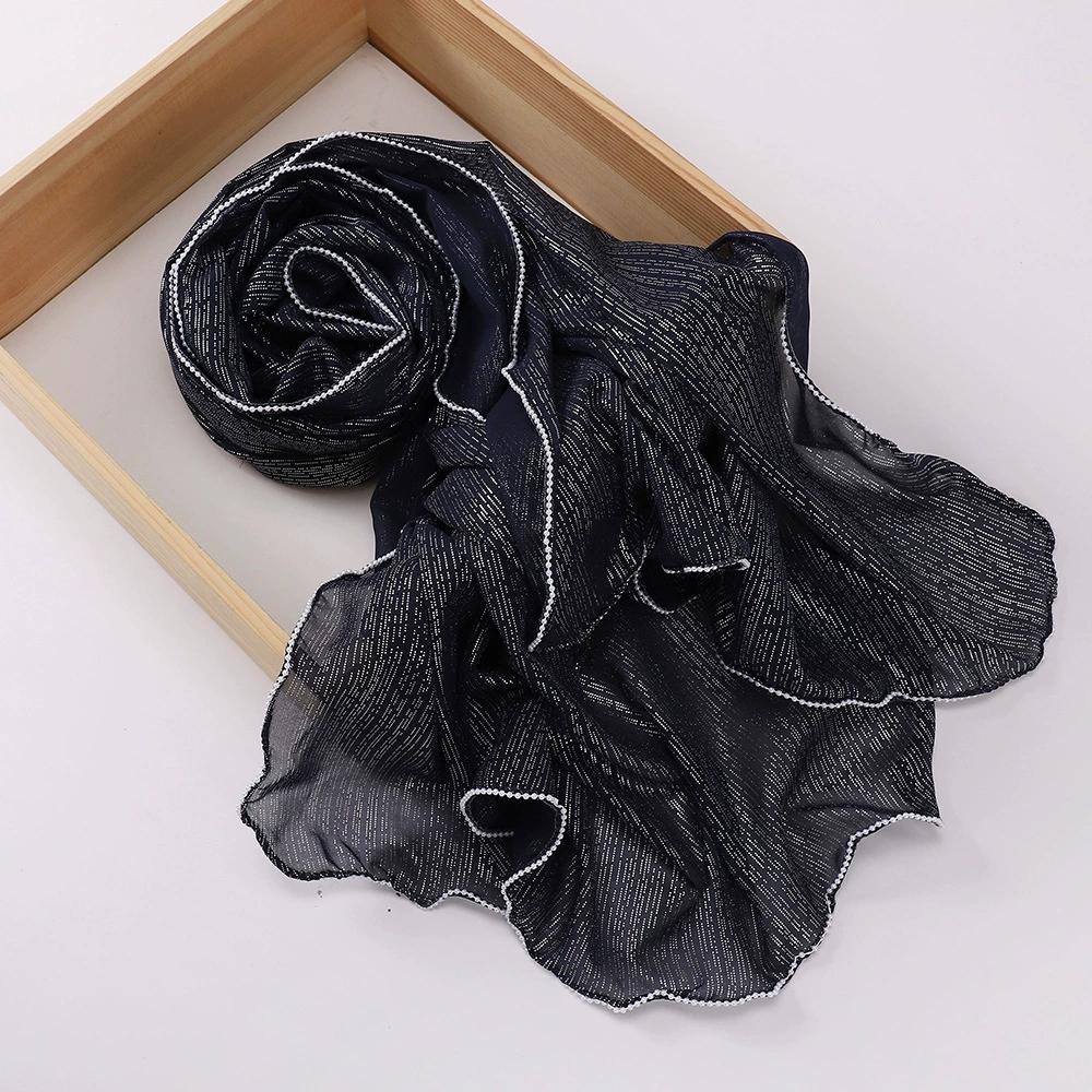 Chiffon Gold and Silver Wire Light Thin Women's Casual Pearl Edge Shawl Headscarf Hijab Scarves
