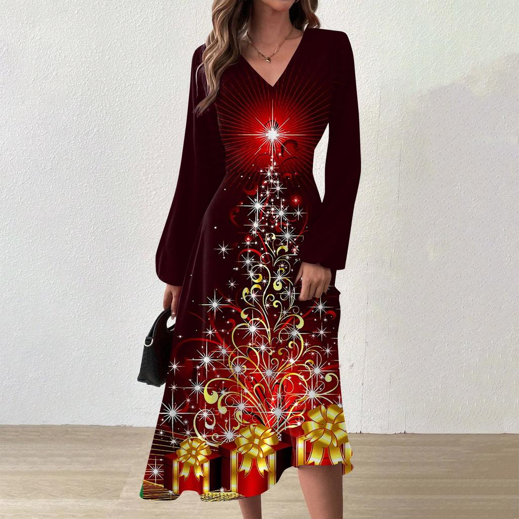 Женское осеннее и зимнее повседневное модное длинное платье с v-образным вырезом и длинным рукавом с принтом рождественской елки