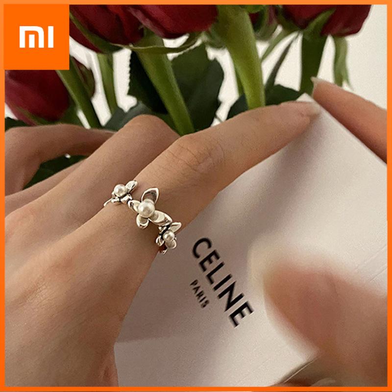 Xiaomi Real 925 Sterling Silver Personality Flower Pearl Adjustable Retro Ring Fine Jewelry For Women Party Elegant Accessories