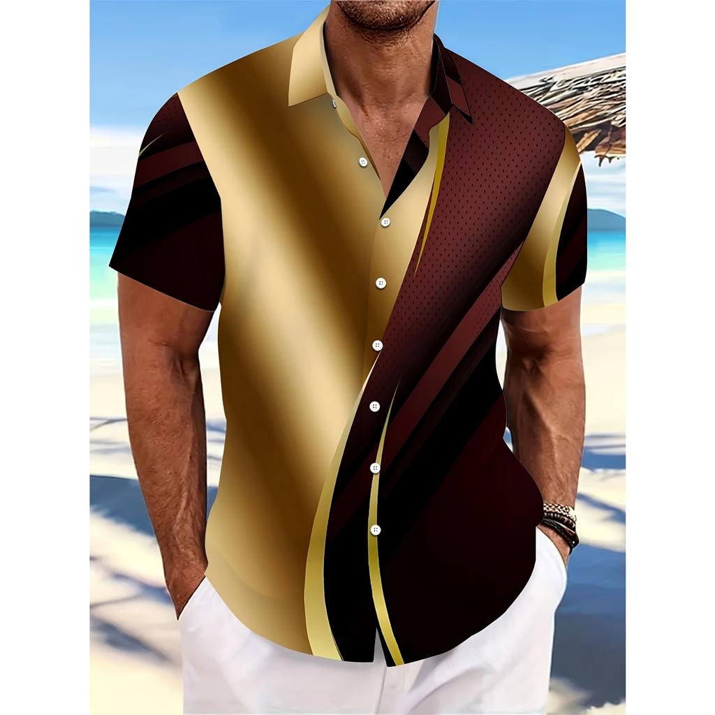 Men's Fashionable Geometric Printed Button Up Shirt Short Sleeved, Casual Hawaiian Style