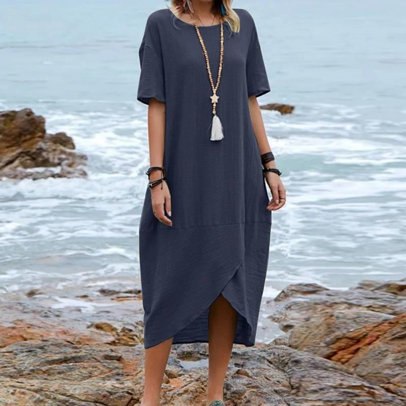 Новое женское однотонное хлопковое льняное винтажное платье миди с круглым вырезом и коротким рукавом для женщин