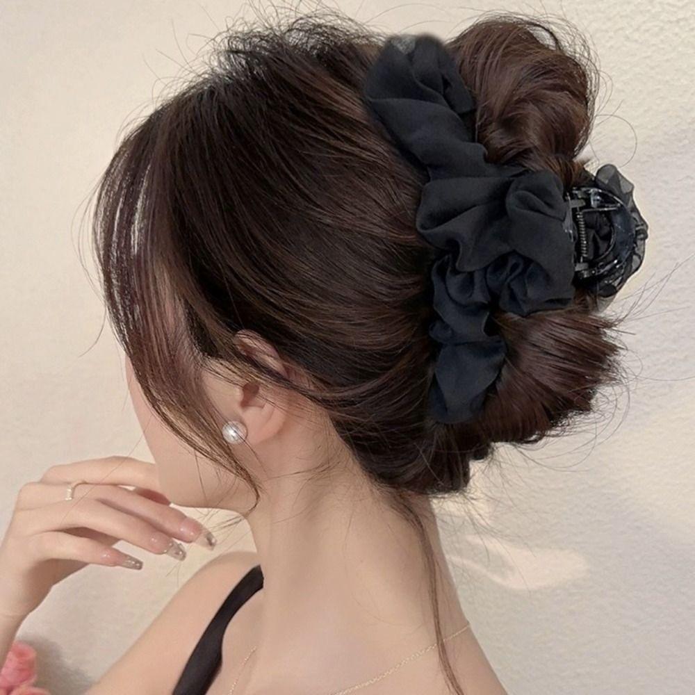Solid Color Chiffon Hair Claw Sweet Large Hair Grab Clip Luxury Women Shark Clip Hair Accessory