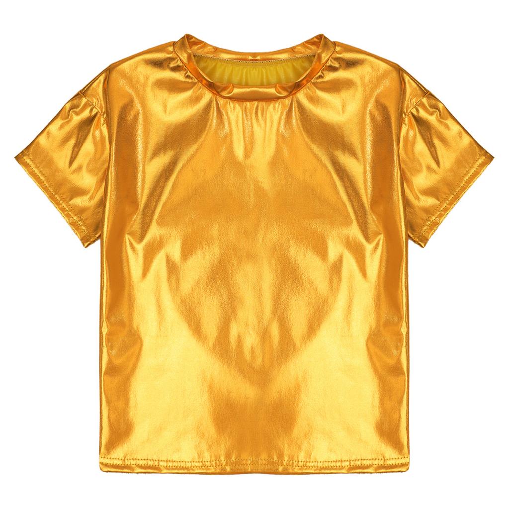 Детские блестящие футболки металлизированного цвета с короткими рукавами для мальчиков и девочек, топы для танцев, вечерние блестящие наряды