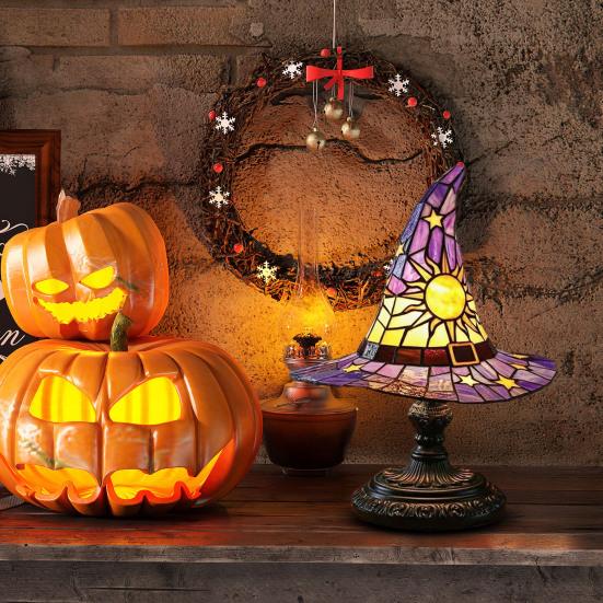 Лампа в виде шляпы ведьмы, витражное стекло, смола, свет в виде шляпы волшебника, жуткая готическая настольная лампа, декоративный торшер для вечеринки в помещении, Хэллоуина с привидениями, спальни