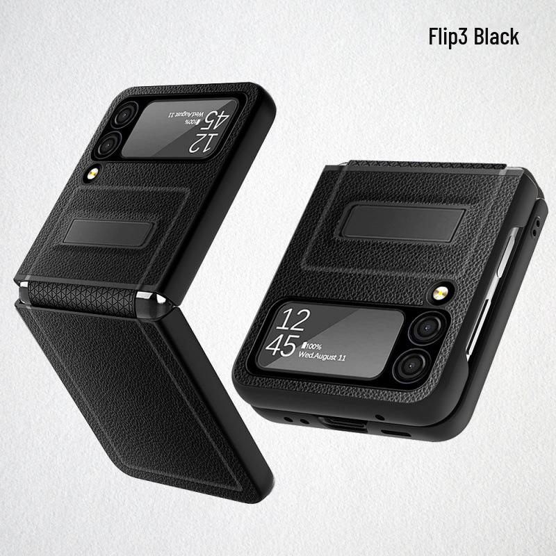 Samsung Z Flip6 Folding Screen Protective Case with Hinge and Bracket, Litchi Leather Mobile Phone Cover.