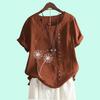 Women Casual Short Sleeved Blouse Laides Cotton Linen Top Fashion Floral Printed Loose T-shirt