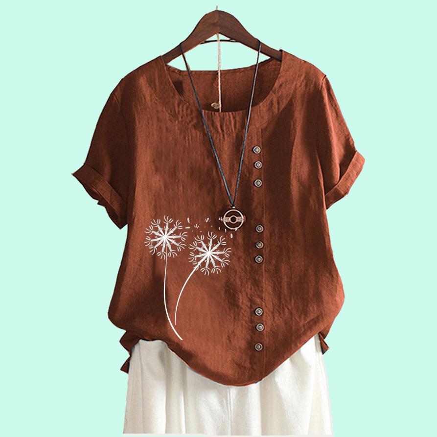 Women Casual Short Sleeved Blouse Laides Cotton Linen Top Fashion Floral Printed Loose T-shirt