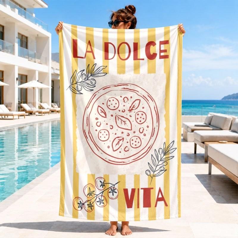 Мятно-белый вертикальный полосатый La Dolce Vita Лимонный рукописный принт Микрофибра Быстросохнущее пляжное полотенце Итальянский прибрежный отпуск Банное полотенце