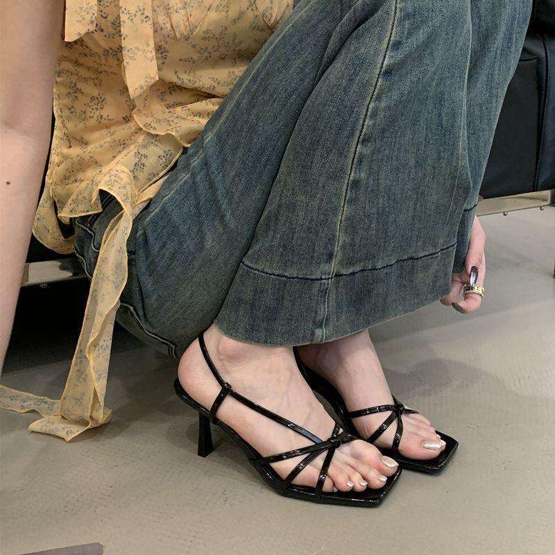 Internet Celebrity Temperament Thin Belt Cross Heeled Sandals 2025 Fairy Style Summer French Celebrity Thin Heel Open-toe High Heels