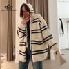 Корейский стиль, осенне-зимний новый полосатый свитер с капюшоном, женский свободный ленивый стиль, большой размер, мягкий восковой вязаный кардиган