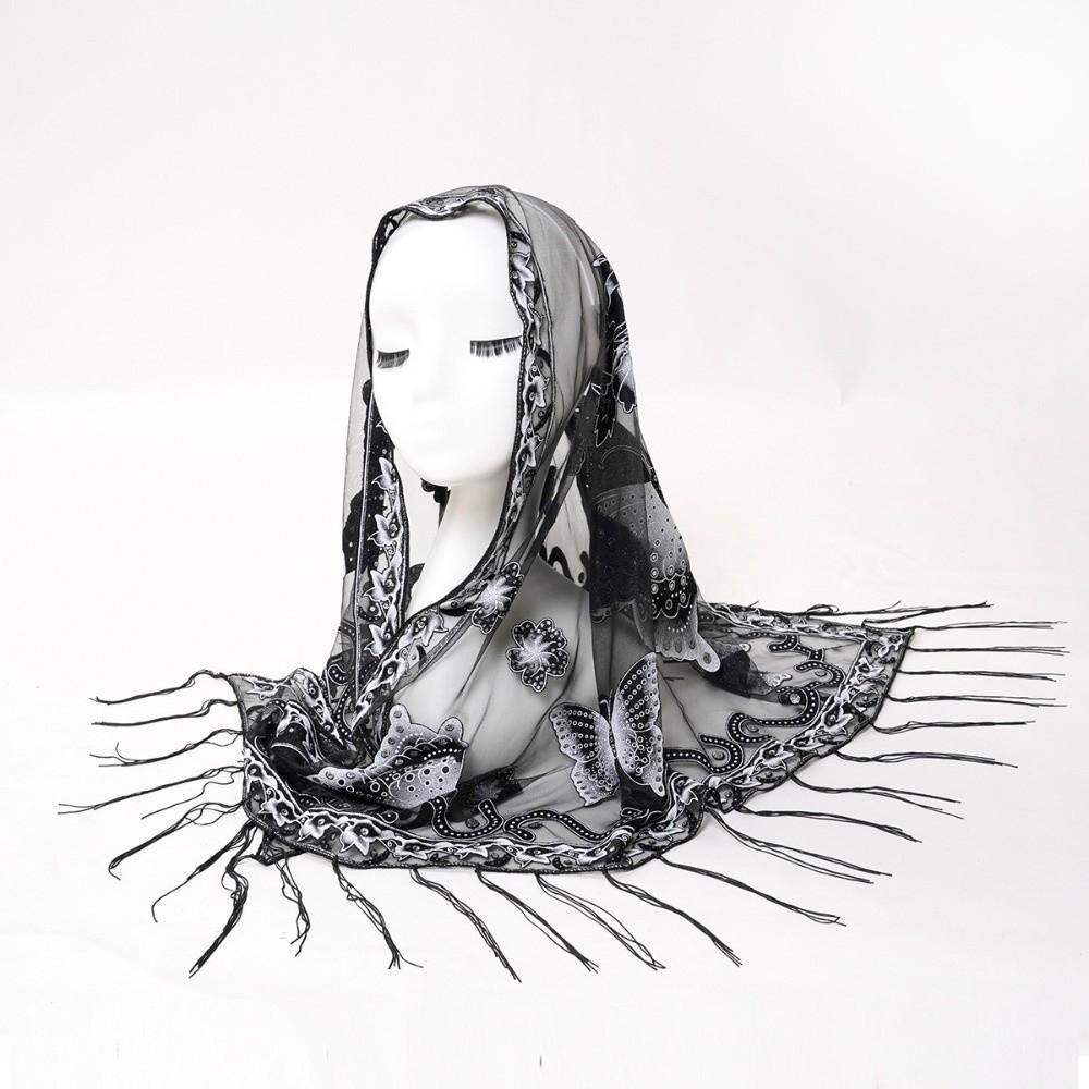 Butterfly Lace Hollow Scarf Polyester Mesh Scarves Elegant Tassel Triangle Shawl Church