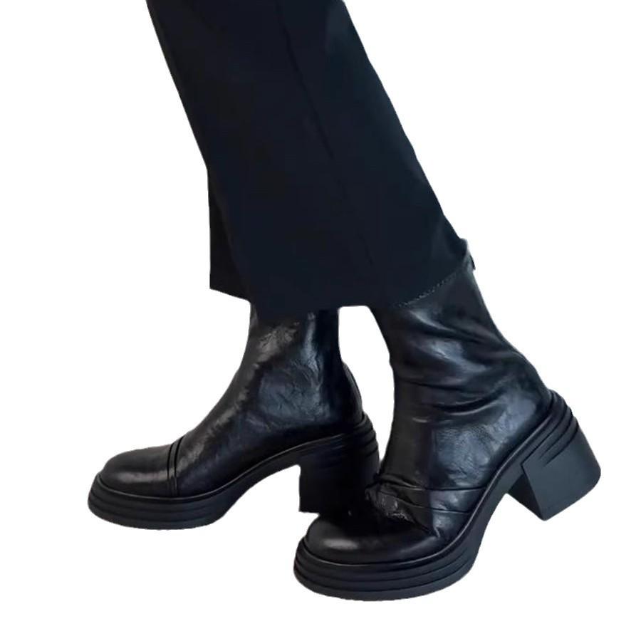 Blue Cabinet Edition~ Small Thick-soled Height-increasing Skinny Boots Women's Martin Boots British Retro Round Head Thick Heel Short Boots