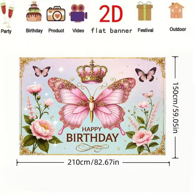 2D Pink Blue Butterfly Birthday Backdrop for Girls Princess Themed Photo Booth Background
