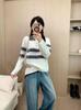 Women's Loose Fit Fuzzy Striped Wool Polo Sweater with Contrasting Lapel