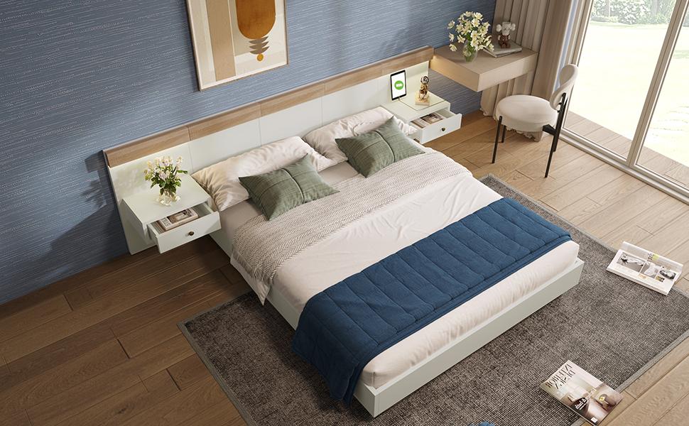 Double Bed with 2 LED Night Chests & USB C Socket 160 x 200 cm Wooden Bed, Bedroom Set--205x264x90.5 cm(D/W/H) in Oak Sonoma/White(No Mattress)