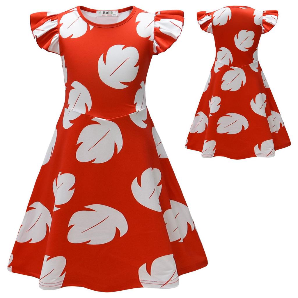 Kids Lilo & Stitch Lilo Cosplay Costume, Red Hawaiian Dress with Green Leaf Accessories for Halloween & Parties