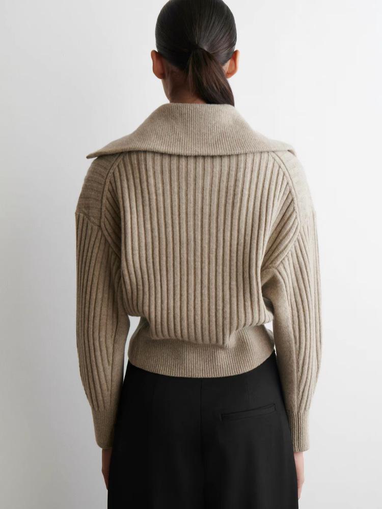 Women's 100% Wool Cardigan Sweater with Lapels and Double Zipper - Solid Color, Loose Fit, High Quality Outerwear