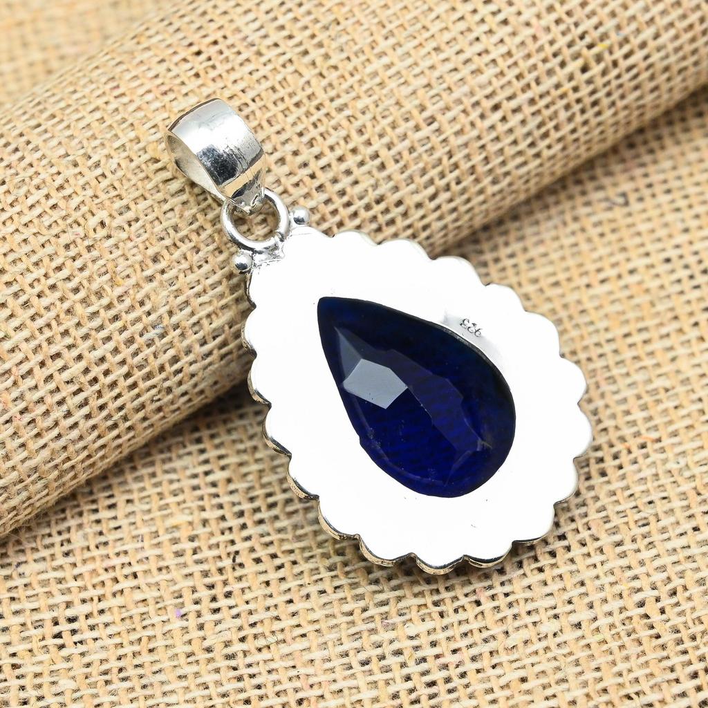 Pretty Blue Sapphire Lab-Created Gemstone Handmade 925 Solid Sterling Silver Jewelry Pendant