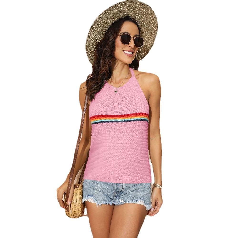 Spring and Summer Women's Vest Rainbow Colorful Hanging Neck Top Fashion Backless Knitted Tops Lace-up Undershirt Female Vest