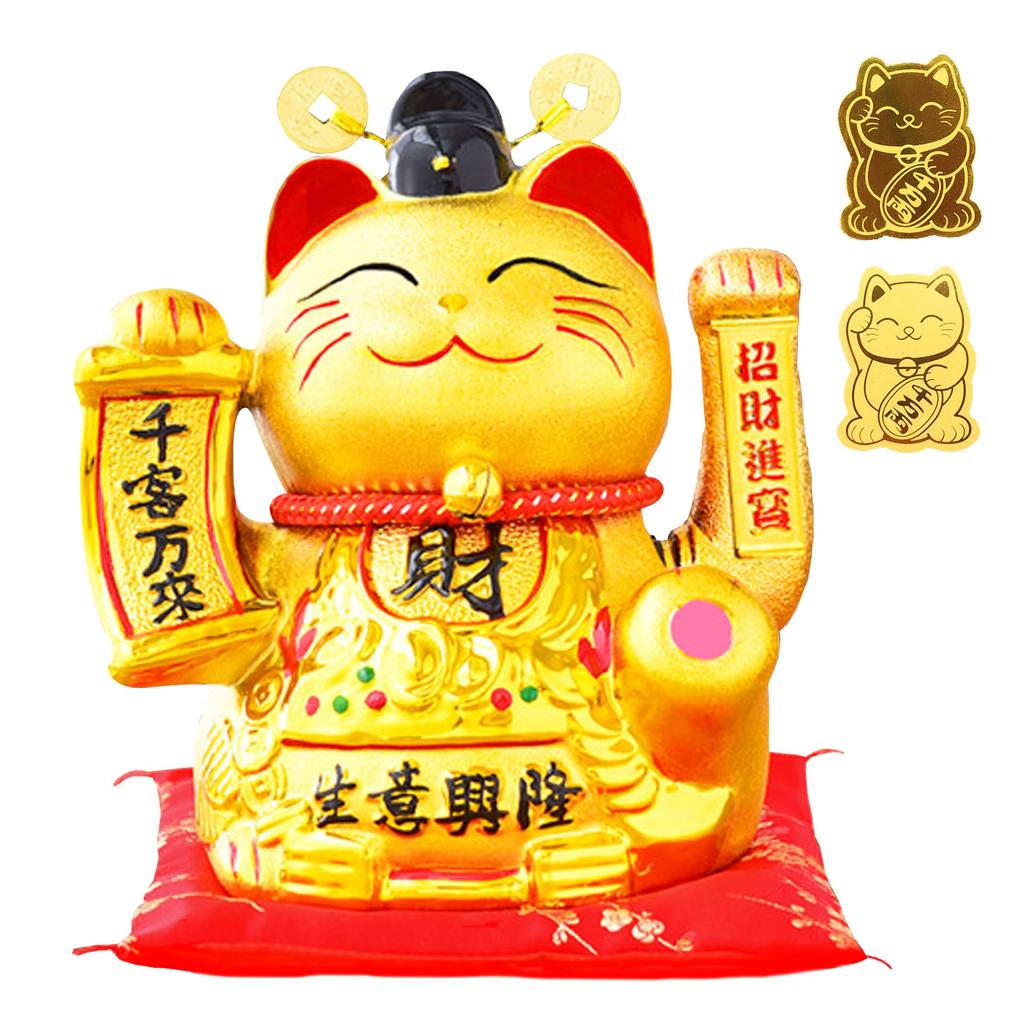 Felimoa Lucky Cat Electric Moving Hands Comes with 2 Metal Stickers Ceramic Battery Operated Figurine Golden Luck