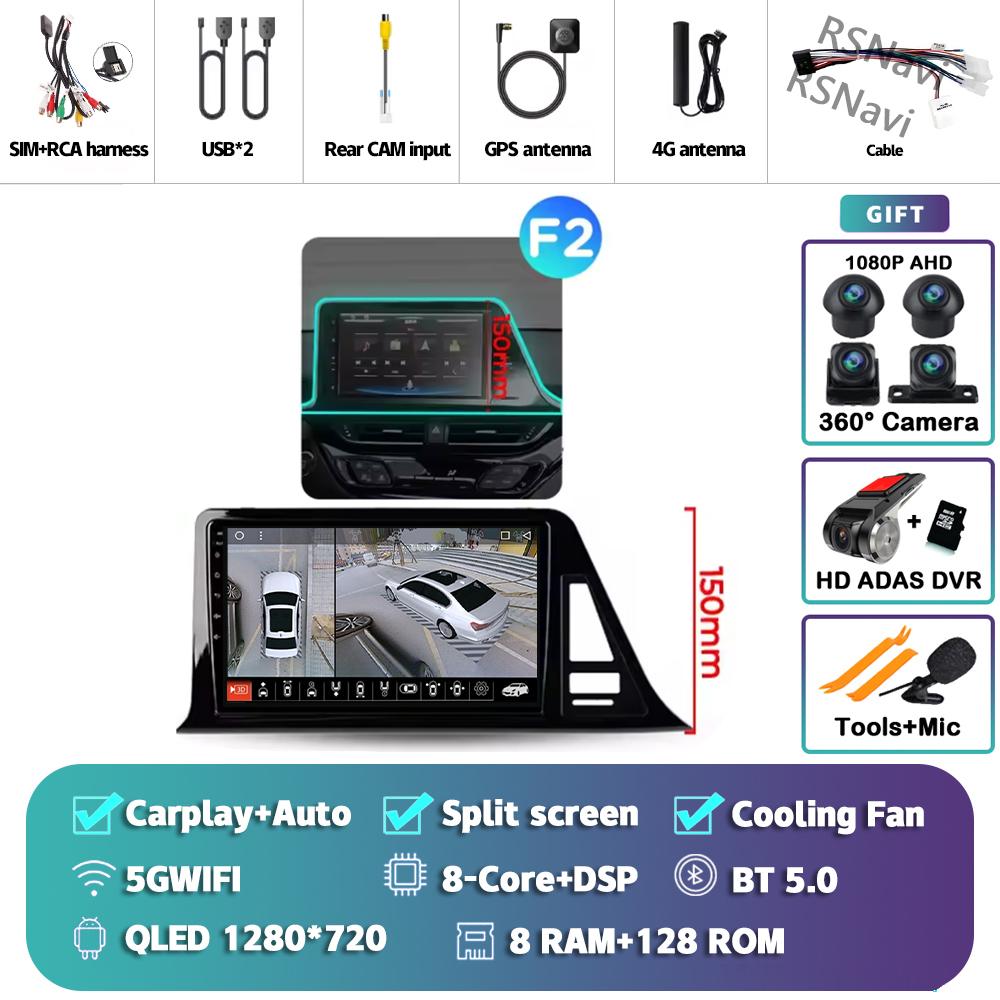 Android 14 Carplay Auto Для Toyota C-HR 2016 - 2020 Автомагнитола Мультимедийный DVD-стерео 360 Камера Навигация Видео AI Голосовое управление