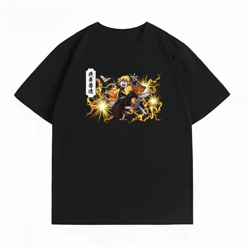 Unisex Summer Cotton Casual Oversized Crew Neck Short‑Sleeve T‑Shirt with Demon Slayer Zenitsu Agatsuma Graphic Print Women And Men T-shirt