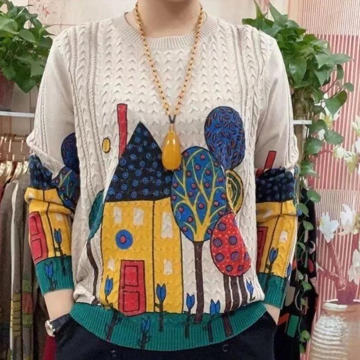 Винтажный принт Вязаные женские топы Осень Круглый вырез Мода Длинный рукав Свободная футболка Женская одежда