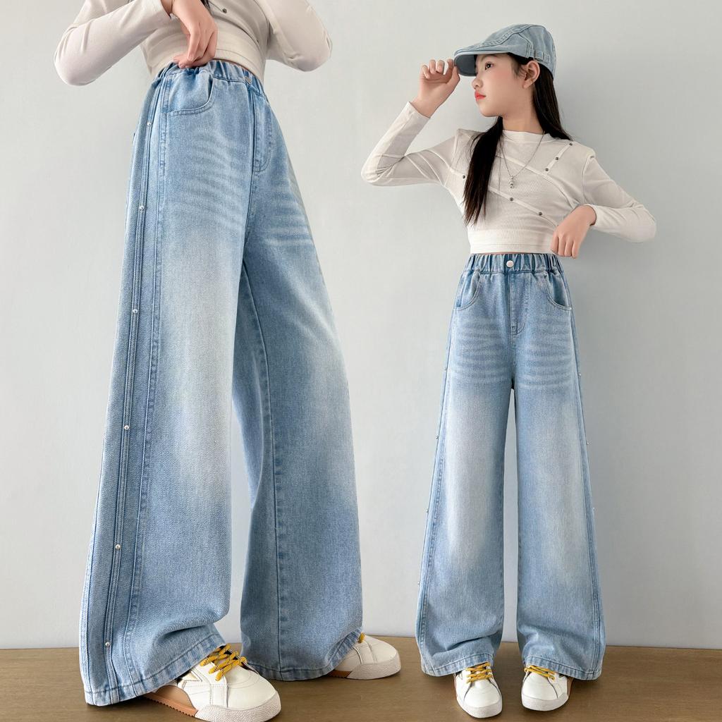 Girls' pants for spring and autumn fashion, children's mid to large length straight leg wide leg pants, spring thin styles, girls' nail bead jeans